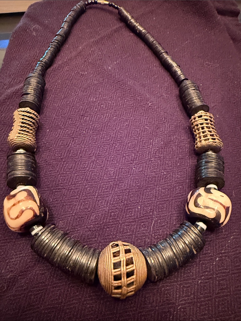 Handcrafted Black and Tan Tribal Beaded Necklace